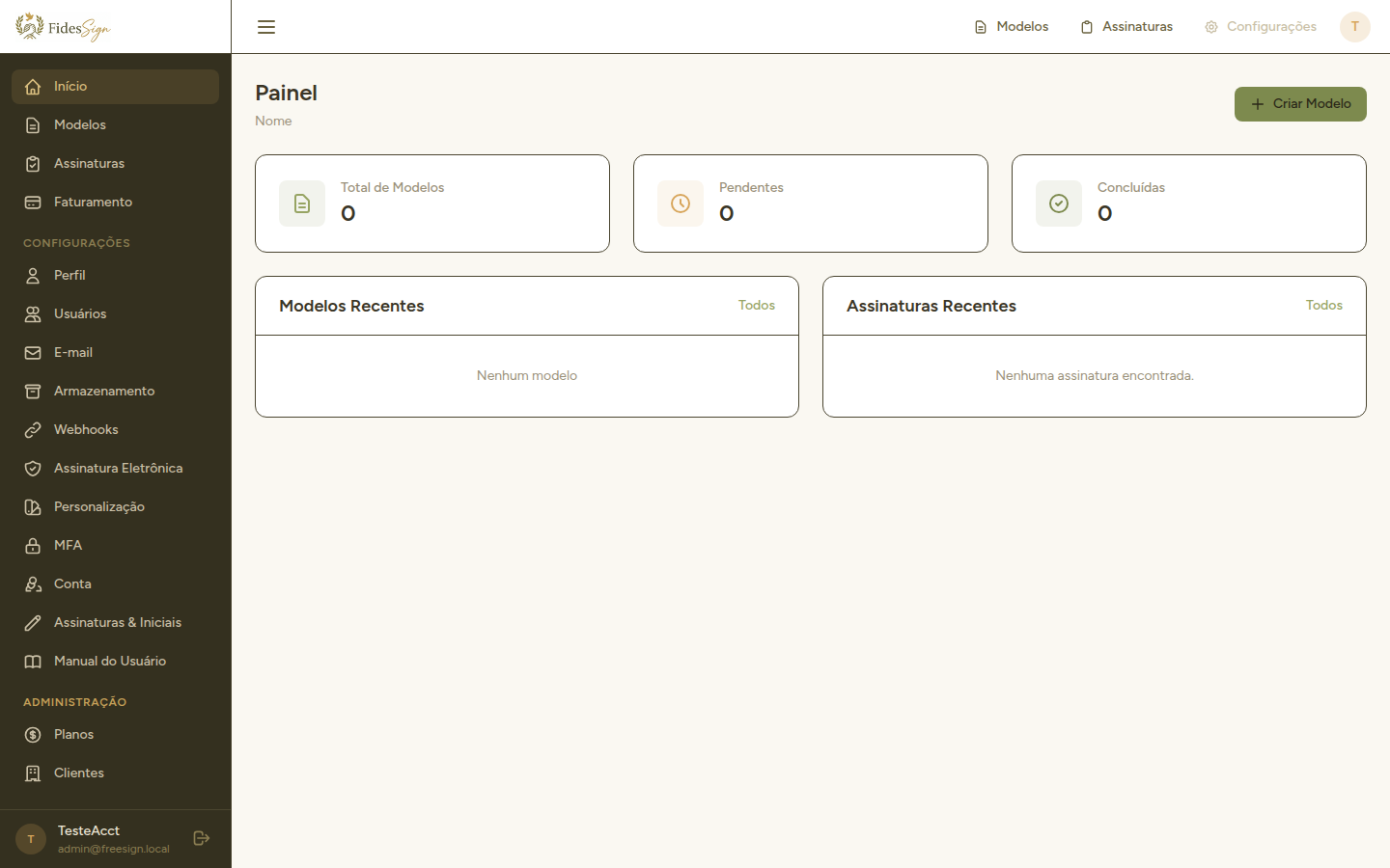 FidesSign — Painel principal com métricas de modelos e assinaturas